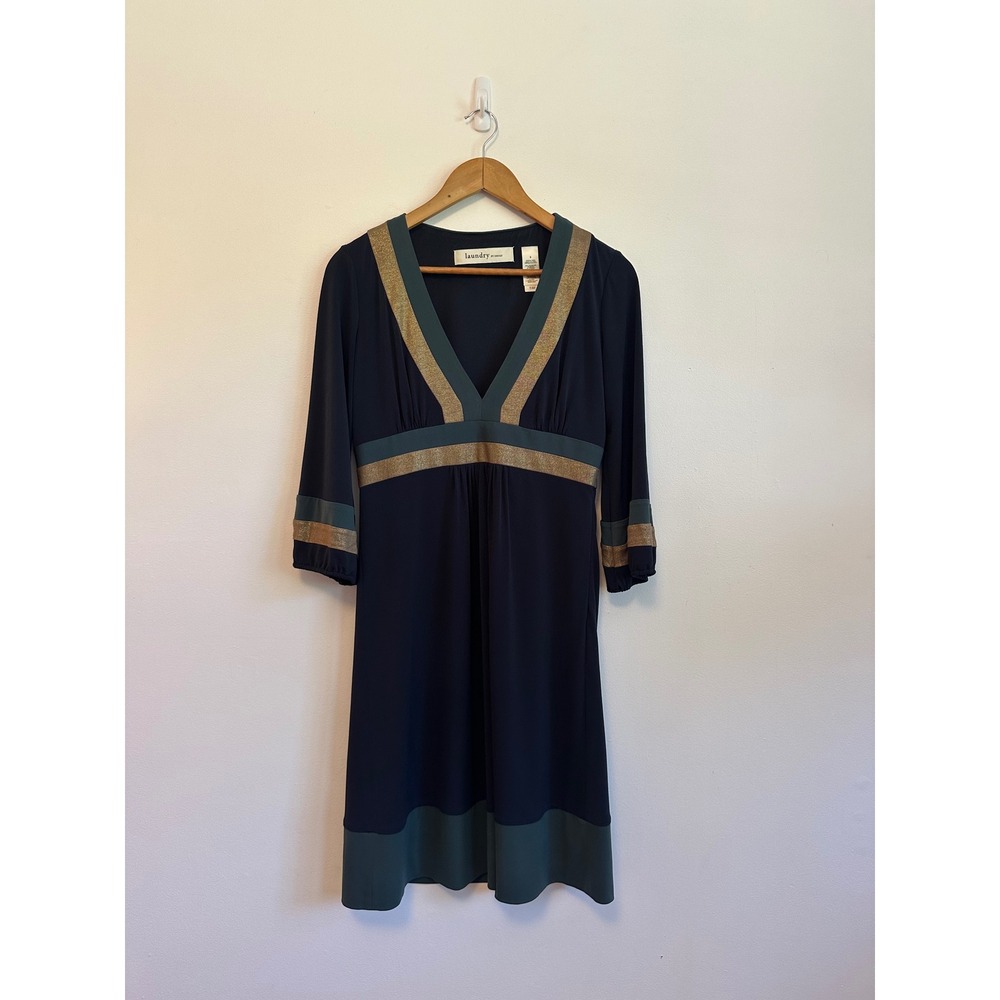 Laundry by Design Navy Blue Gold Teal Empire Waist V-Neck Dress | Size 6